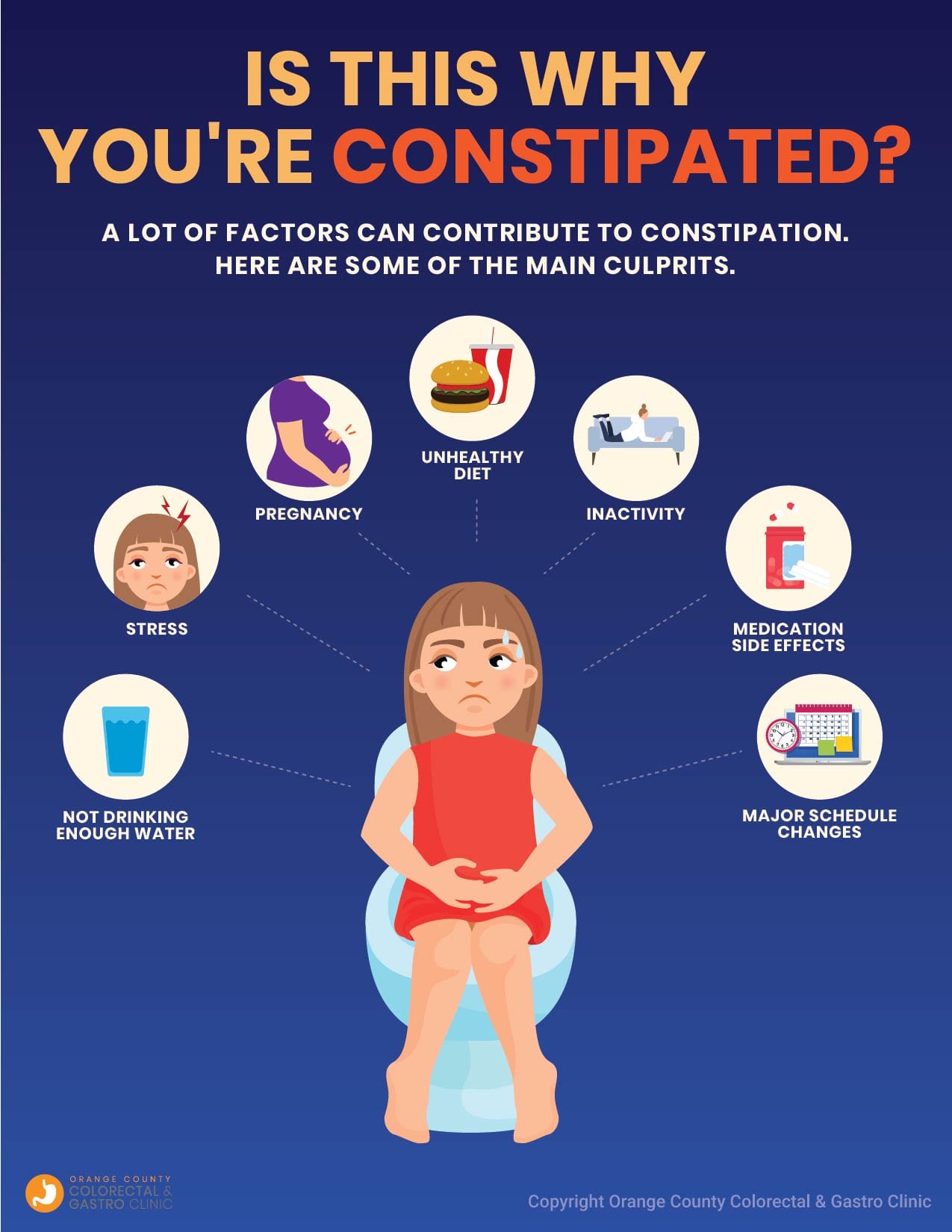 8 causes of constipation - an infographic showing risk factors